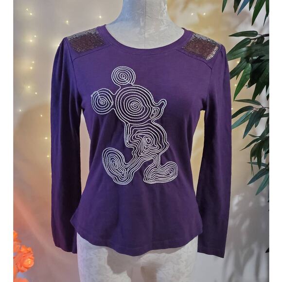 Disney Parks Women's Mickey Mouse Sequin Bling Purple Long Sleeve Top Size M - Picture 1 of 10